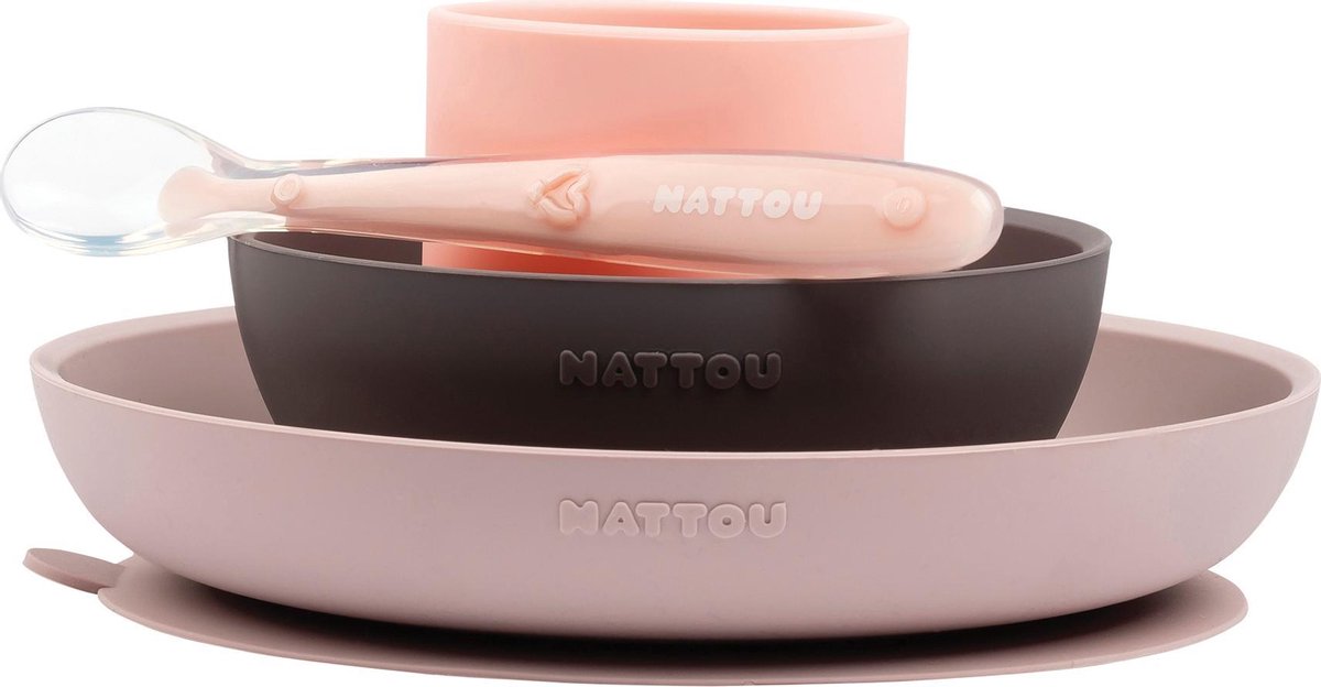 Nattou silicone children's tableware - 4-piece baby tableware - pink and aubergine