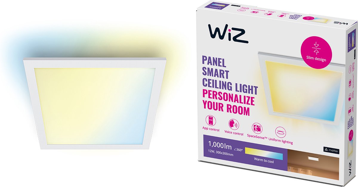 Wiz plafondlamp led paneel - 30 x 30 cm - warm- tot koelwit licht - slimme led verlichting - 12w - vierkant - wit