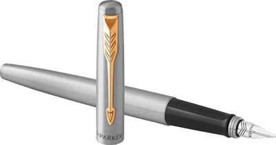 Pluma estilográfica Parker Jotter | acero inoxidable con acabado dorado | plumilla mediana con tinta azul | caja de regalo neta