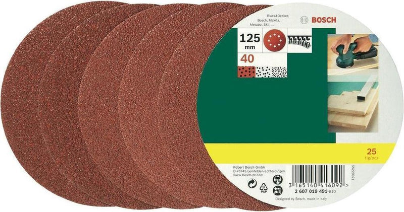 Juego de hojas de lija Bosch de 25 piezas para lijadoras excéntricas de 125 mm - grano 40