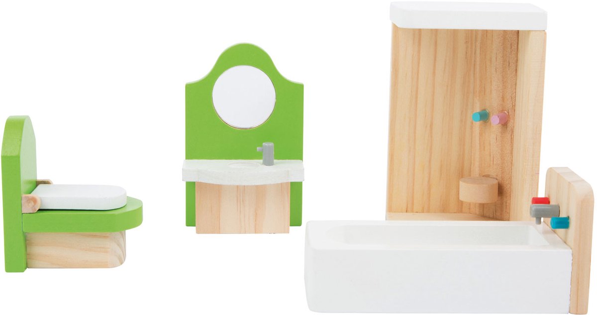 Bagno di mobili per bambole in legno a piede piccoli, 4dlg.