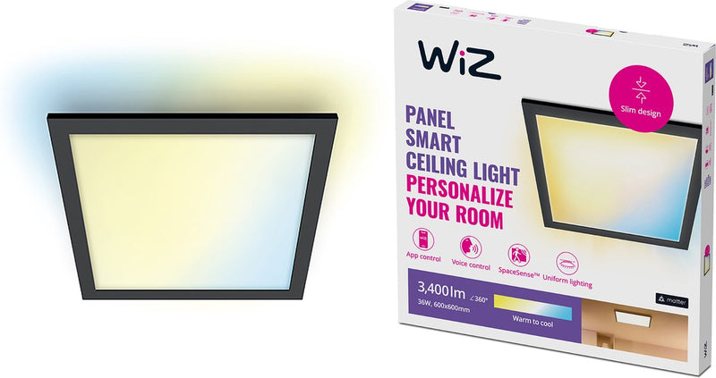 Lampada da soffitto Wiz pannello LED - 60 x 60 cm - luce bianca da calda a fredda - illuminazione LED intelligente - 36w - quadrata - nera