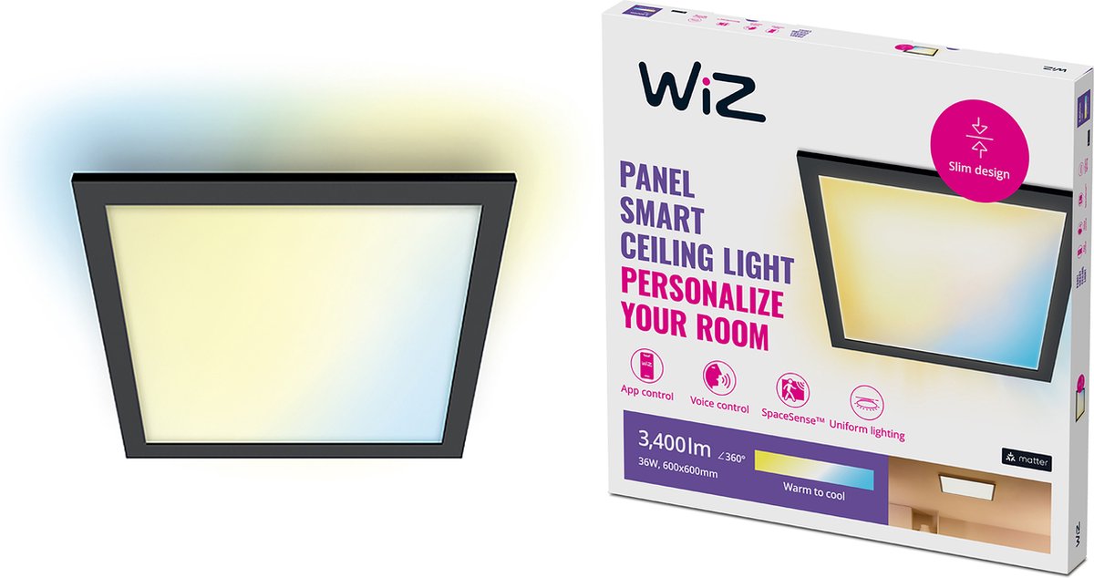 Wiz ceiling lamp LED panel - 60 x 60 cm - warm to cool white light - smart LED lighting - 36w - square - black