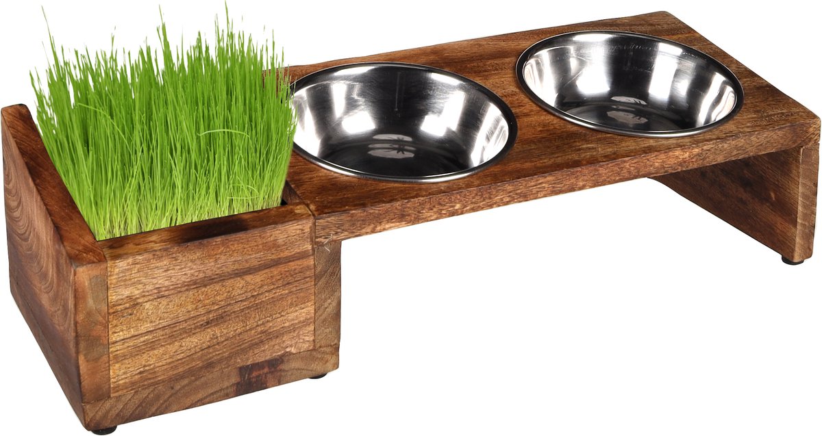 Flamingo lela duo dinner staander - eet- en drinkpot katten - eet- en drinkpot set lela met bak voor kattengras 2x375ml 13cm - 1st - 132939 - 1st