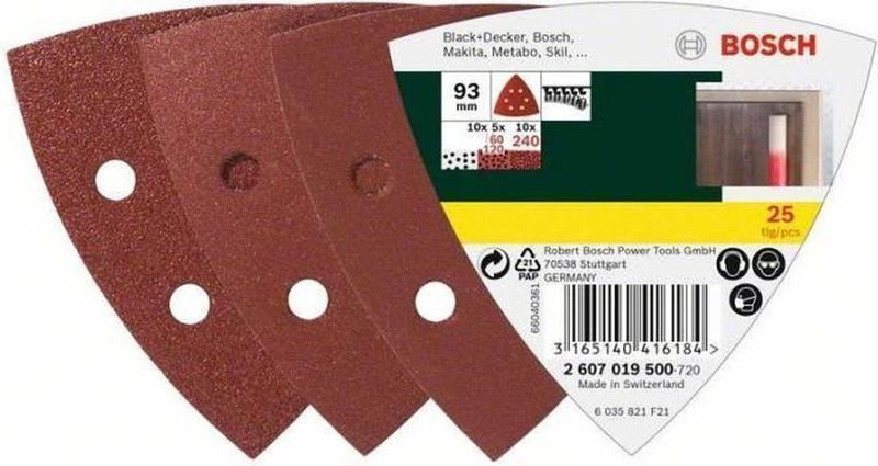 Juego de hojas de lija Bosch de 25 piezas para lijadoras delta - grano 60; 120; 240