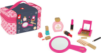 Janod - beauty case p'tite miss - inclusi 9 accessori in legno - trucchi giocattolo - borsa con cerniera per portare i tuoi giocattoli ovunque - adatto a partire da 3 anni