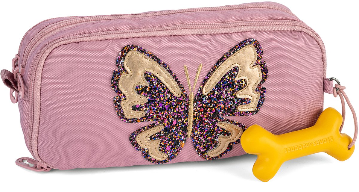 Pietre e ossa Rowan 2.0 - astuccio - astuccio per bambini - 3 scomparti - farfalla glitterata - lilla