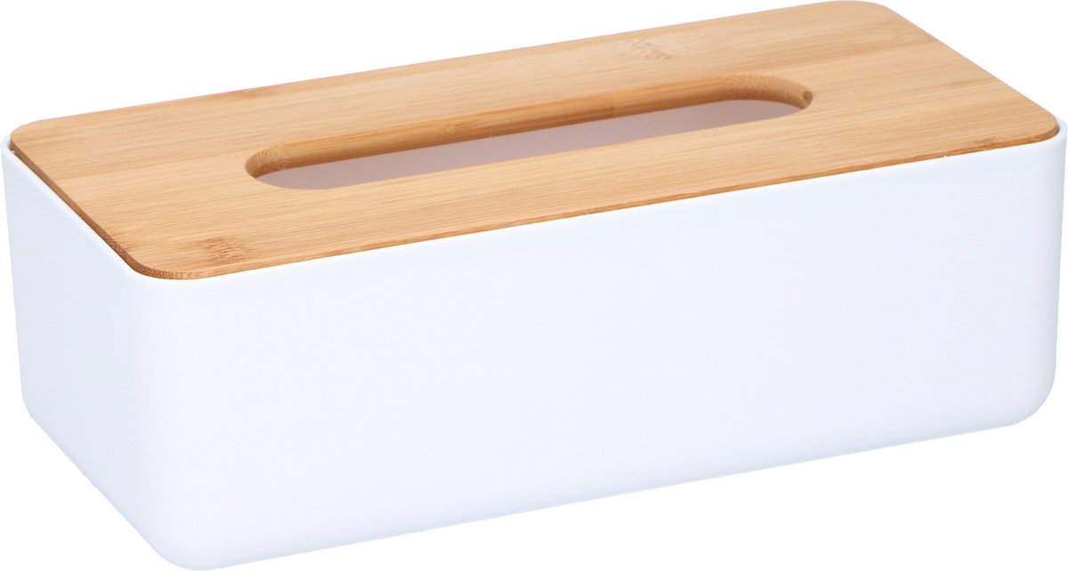 Alpina tissuedoos zakdoekjes box - wit lichtbruin - kunststof - bamboe deksel - 26 x 13 x 9 cm
