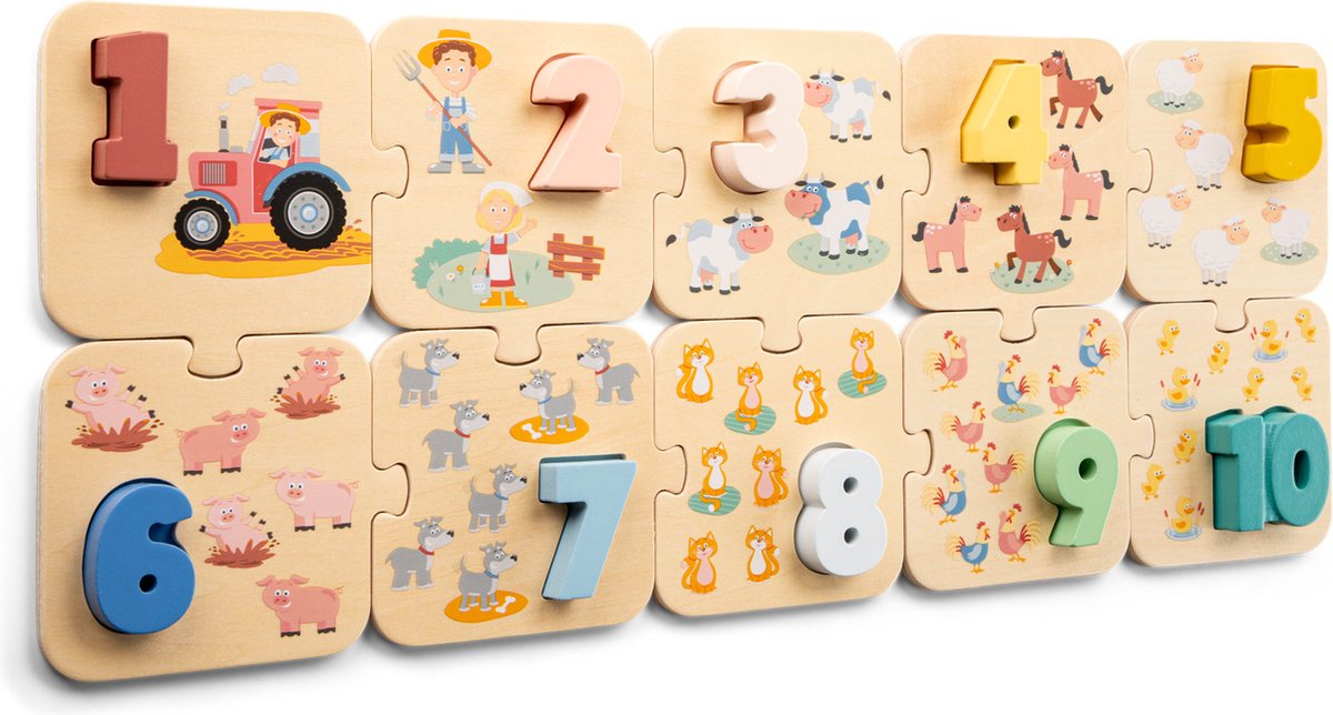 Woet ® wooden number puzzle farm - learning to count - numbers 1 to 10 - puzzle with numbers and animals - fsc educational toys - from 2 years