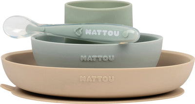 Nattou silicone 4-piece tableware for children - plate + bowl + cup + spoon - non-slip - BPA-free - green sand
