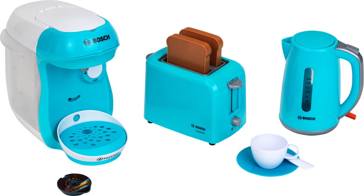 Set di accessori da cucina giocattolo Bosch Klein Toys - macchina per il caffè - bollitore - tostapane - incl. suono - blu