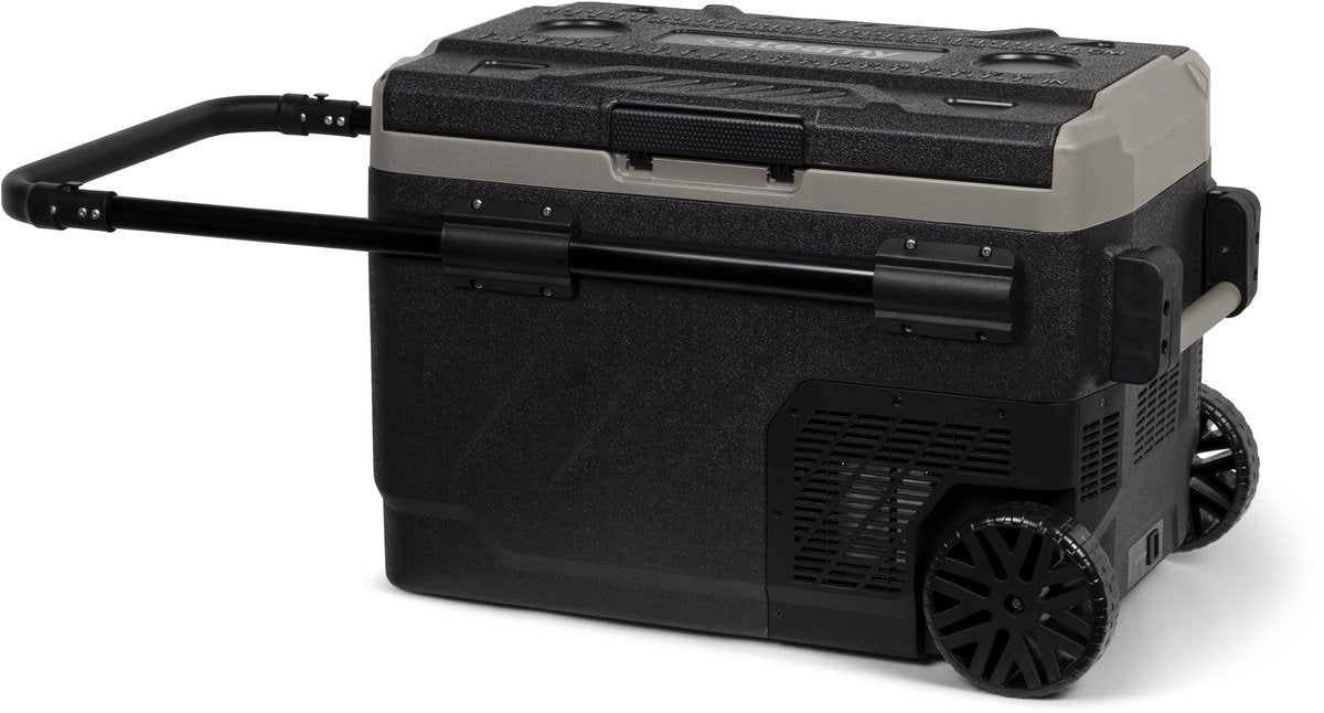 Frigo portatile con compressore elettrico a rulli Steamy-e dual zone su ruote - dual zone - 40 litri - 12v e 230v - per auto e campeggio - nero