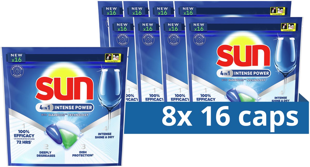 Capsule per lavastoviglie Sun - potenza intensa 4in1 - con tecnologia cleanboost - 128 pezzi (8x16) - confezione risparmio