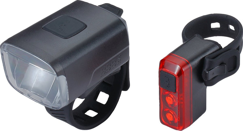 Bbb Cycling Stud Combo Strap Juego de iluminación para bicicleta - luz delantera luz trasera bicicleta USB recargable - 130 lúmenes - batería 10 horas - luz de bicicleta delantera y trasera - BLS-144