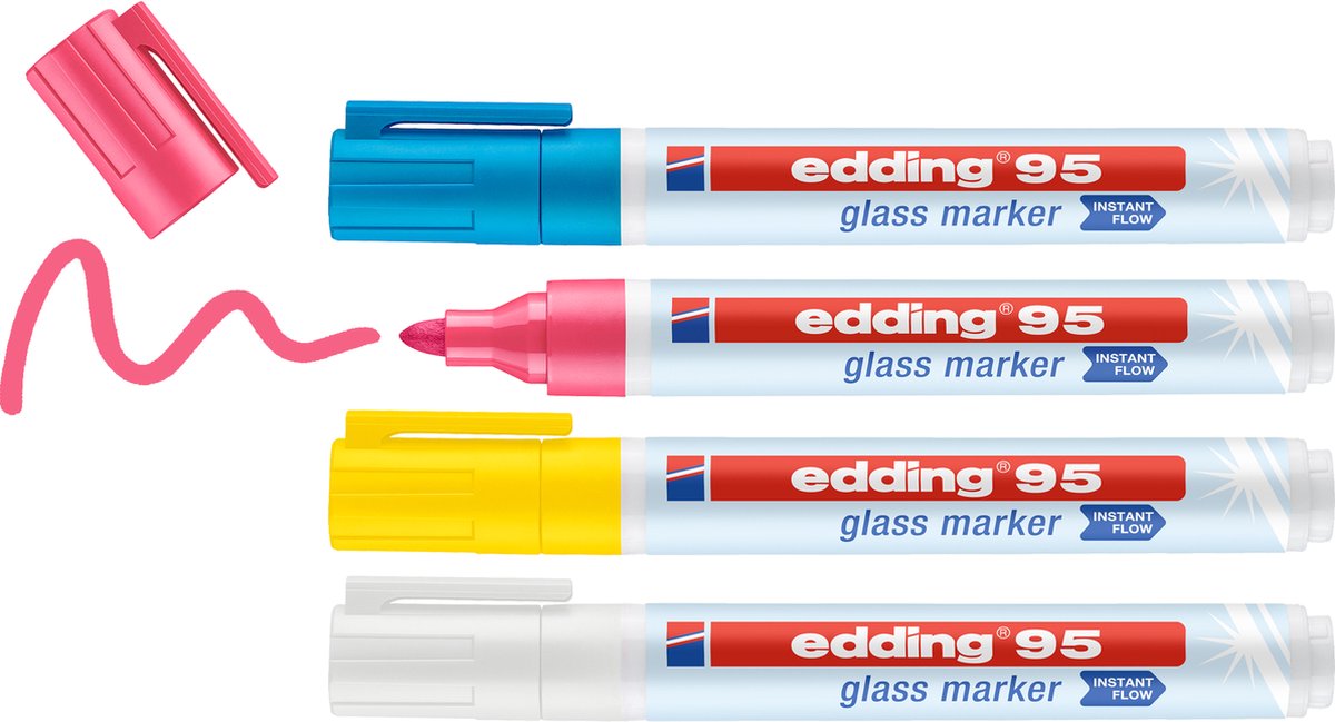 Set pennarelli per vetro Edding 95 4 pezzi - luce assortita 4 pezzi: giallo, rosa, azzurro, bianco - utilizzabile direttamente senza sistema a pompa - 1,5-3 mm