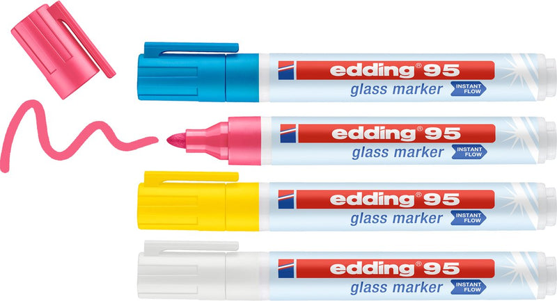 Set pennarelli per vetro Edding 95 4 pezzi - luce assortita 4 pezzi: giallo, rosa, azzurro, bianco - utilizzabile direttamente senza sistema a pompa - 1,5-3 mm