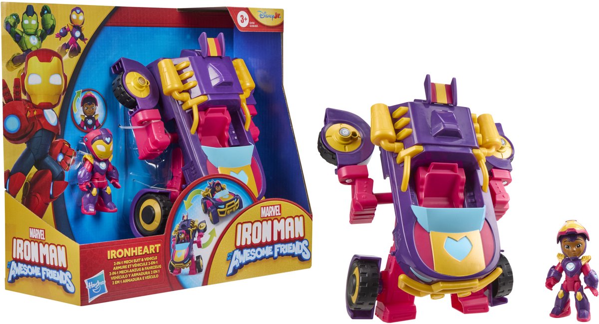 Hasbro Marvel Iron Man e i suoi fantastici amici Ironheart, tuta e veicolo mech 2 in 1, action figure e veicolo giocattolo