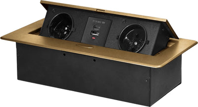 Regleta Orno con USB - regleta emergente con 2 tomas y USB-A USB-C - enchufe de distribución incorporado con acabado en acero inoxidable - caja de distribución sin cable - para máx. 3680 vatios - clavija de tierra - latón