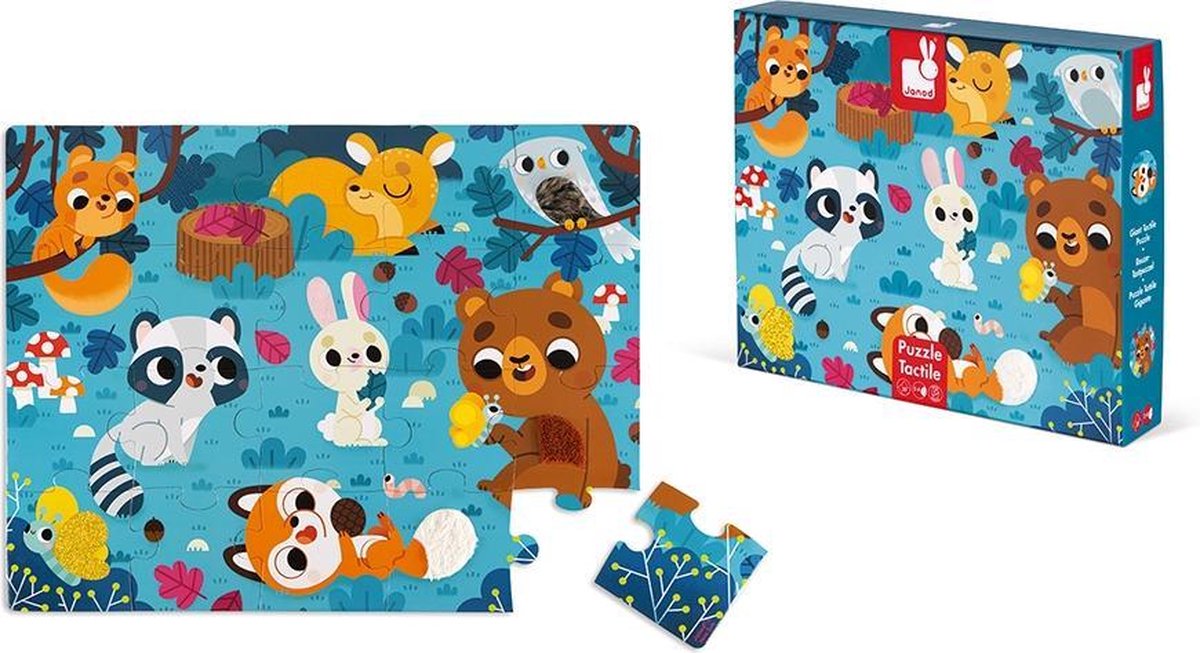 Puzzle tattile Janod - animali della foresta - puzzle gigante da 20 pezzi in cartone robusto, con 7 pezzi con texture - incluso poster - adatto a partire da 2 anni