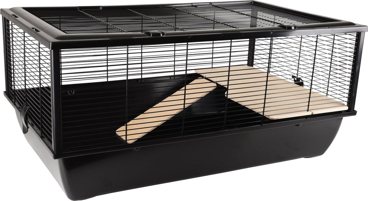 Flamingo hamsterkooi – elsa – caviakooi dwergkonijnenkooi – kooi met platform en loopplank – metaal zwart hout naturel – 77x47x36,5 cm – europese kwaliteit