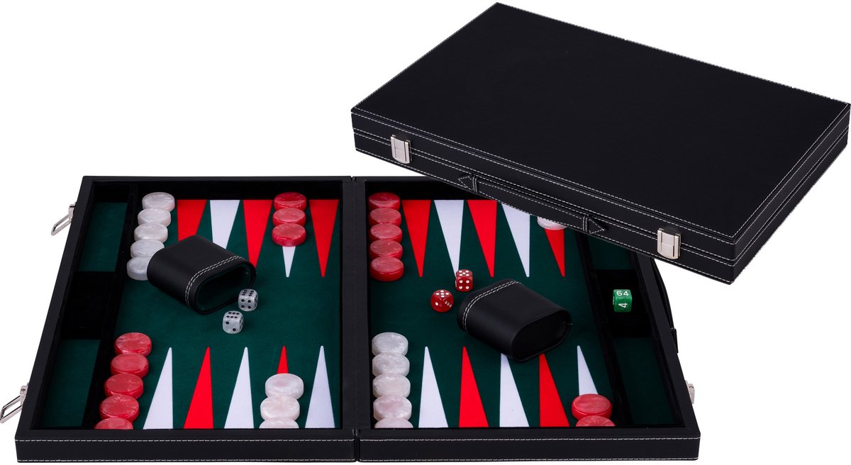 Longfield backgammon 18 inch - groen, rood wit ingelegd bord - kunstlederen koffer met handvat - engelhart