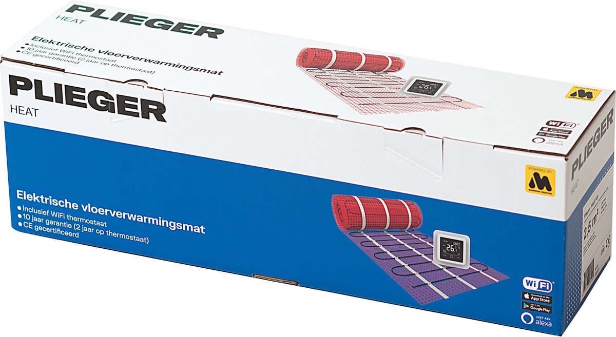 Plieger heat vloerverwarmingset - vloerverwarmingsmat - complete set - met wifi-thermostaat - 150 watt - 50 x 200 cm - 1m2
