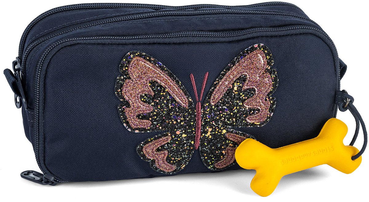 Pietre e ossa Rowan 2.0 - astuccio - astuccio per bambini - 3 scomparti - farfalla glitterata - blu scuro