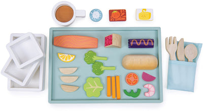 Bandeja de juguete de madera de hoja tierna, comida de avión educativa.