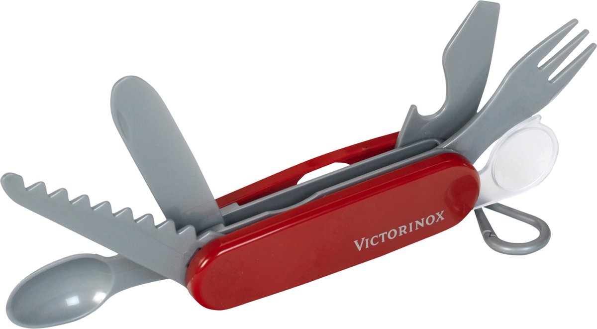 Klein Toys Coltellino svizzero Victorinox - sega, coltello, forchetta, cucchiaio, apribottiglie e lente d'ingrandimento - rosso
