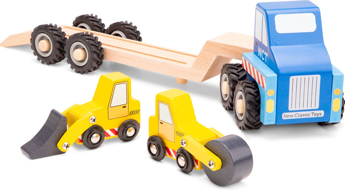 Nuevo camión de madera Classic Toys® para el transporte de la construcción, incluidos 2 vehículos de construcción