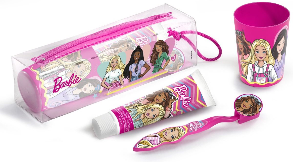 Lorenay - barbie - set spazzolino + dentifricio + tazza + custodia - borsa da viaggio per bambini