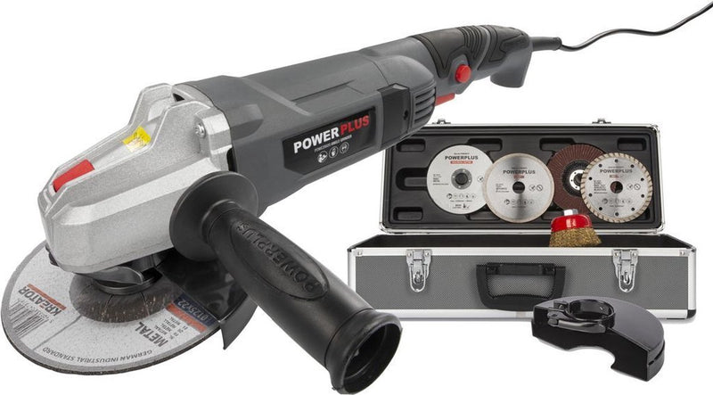 Amoladora angular eléctrica powerplus poweset2 - amoladora 900w - disco abrasivo 125mm ᴓ, compacta, con 6 accesorios, estuche para guardar