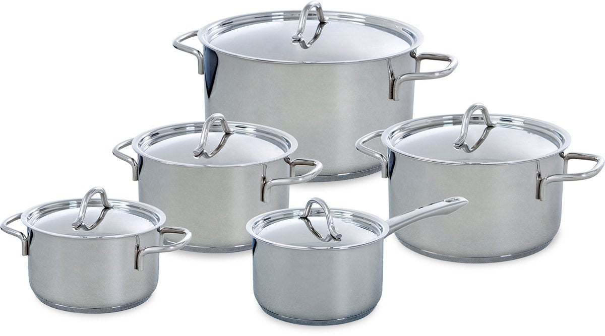 Juego de sartenes Bk profiline de 5 piezas - 16 18 20 24cm - 1,6 2,5 3,5 6l - sin revestimiento antiadherente sin pfas - juego de sartenes de acero inoxidable - sartén para inducción - apta para horno hasta 230°c - con tapa - plateado