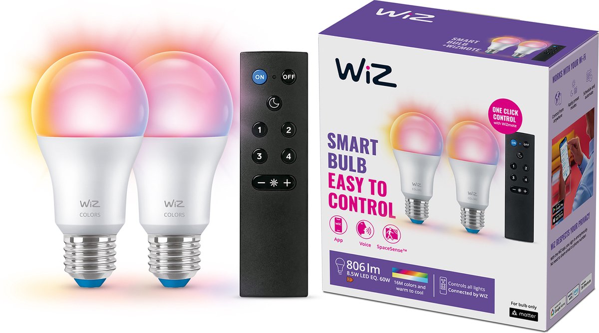 Pack de 2 lámparas Wiz + mando a distancia - luz blanca y coloreada - iluminación LED inteligente - casquillo E27 - 60w - mate - wi-fi