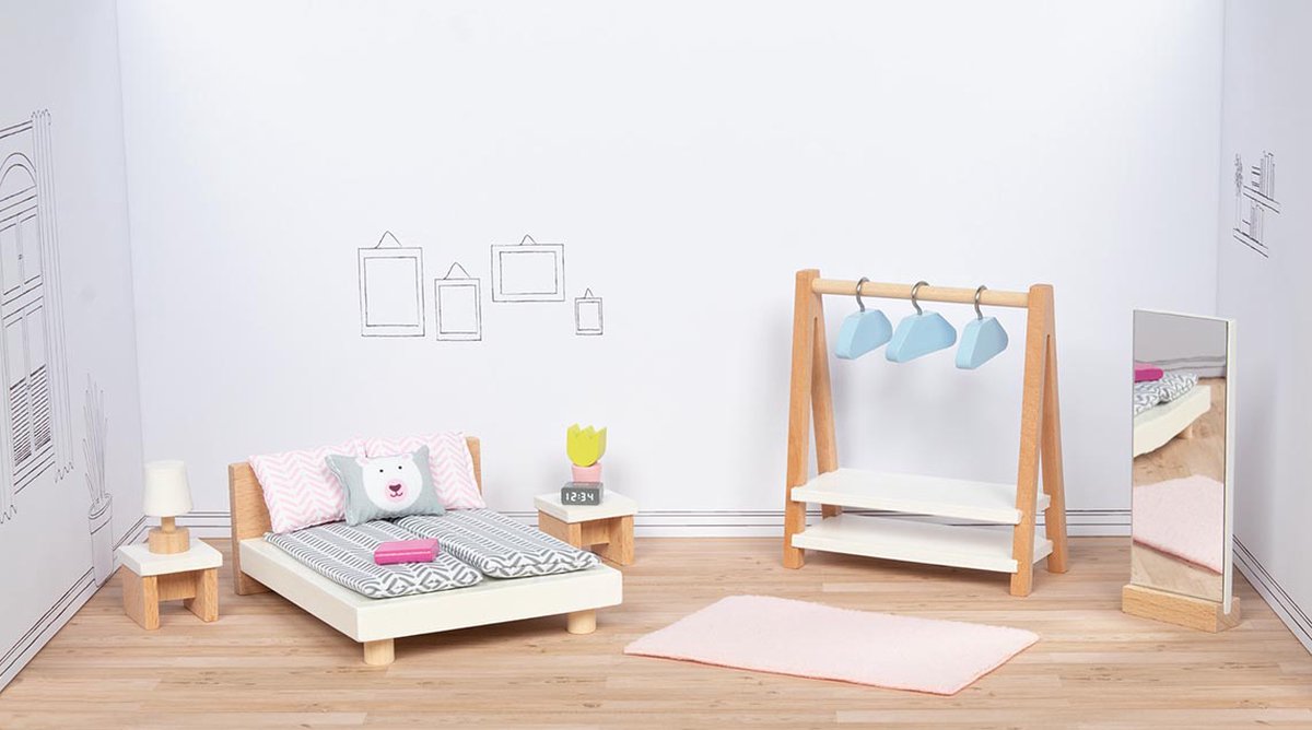 Camera da letto per mobili per burattini in legno Goki, 18dlg.
