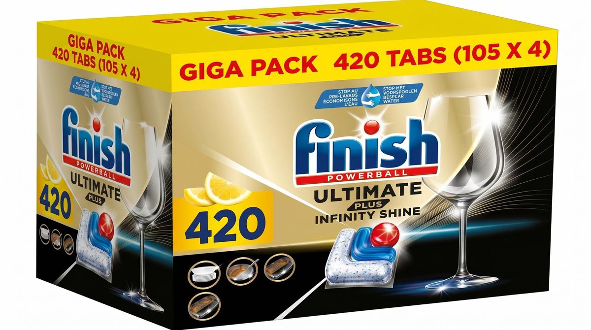 Finish ultimate plus infinity shine citroen vaatwastabletten - 4 x 105 = 420 capsules - voordeelverpakking - jaarvoorraad
