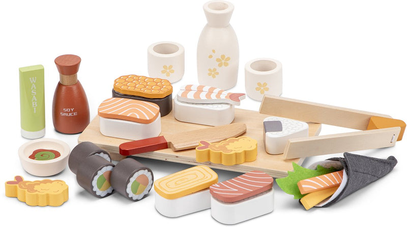 Set da gioco per sushi in legno Woet ® - giocattoli di ruolo giapponesi da 30 pezzi - incluse bacchette, salsa di soia e tagliere da portata - cibo giocattolo FSC - giocattoli educativi da cucina - da 3 anni