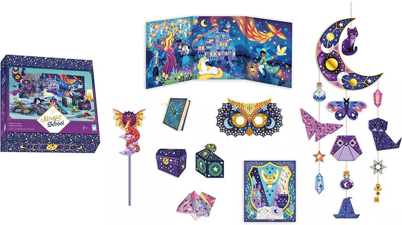 Escuela de magia Janod - set de múltiples actividades - haz 8 creaciones encantadoras - ¡actividades de arena, mosaicos, origami y mucho más! - adecuado a partir de 7 años