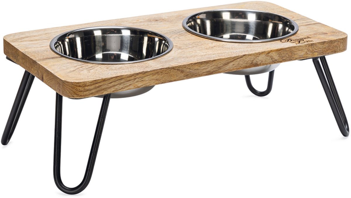 Designed by lotte linga – dinerset kat – voerbak kat - drinkbak kat - hout metaal – incl. 2 bakjes