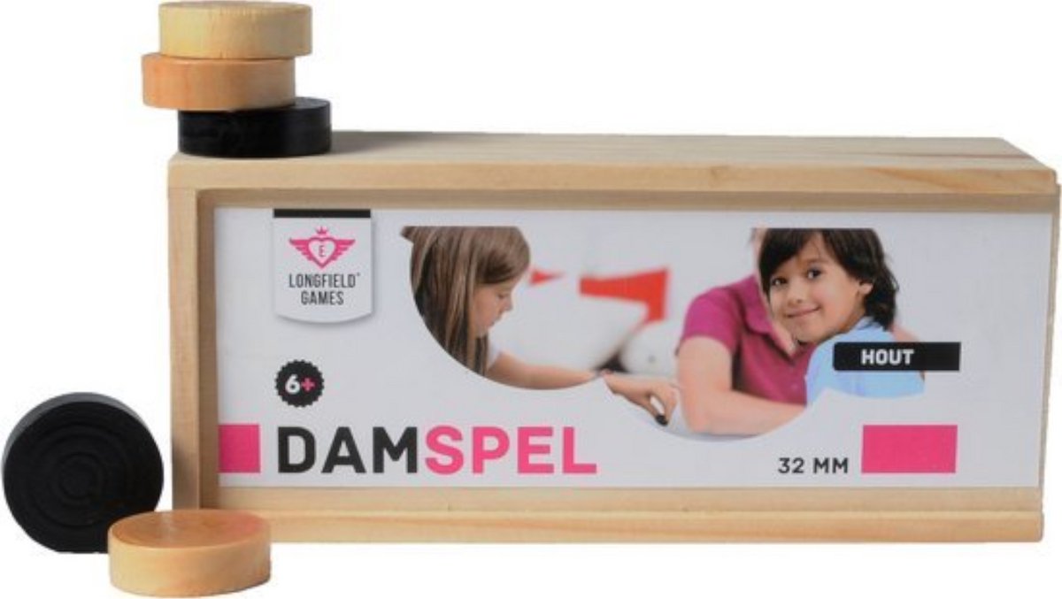 Damas Engelhart de madera de fresno – 30 mm – negro natural – Incluye caja de madera con tapa corredera – Juego de damas –