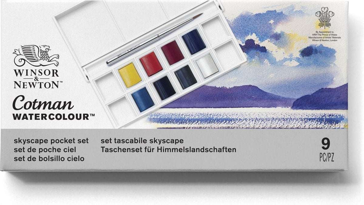 Winsor Newton 0390672 Cotman Set di acquerelli Skyscape Pocket – 8 mezze vaschette per acquerelli con pennello da viaggio