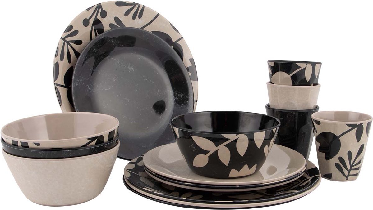 Bo-camp - servies - mix match - 16 stuks - beige zwart