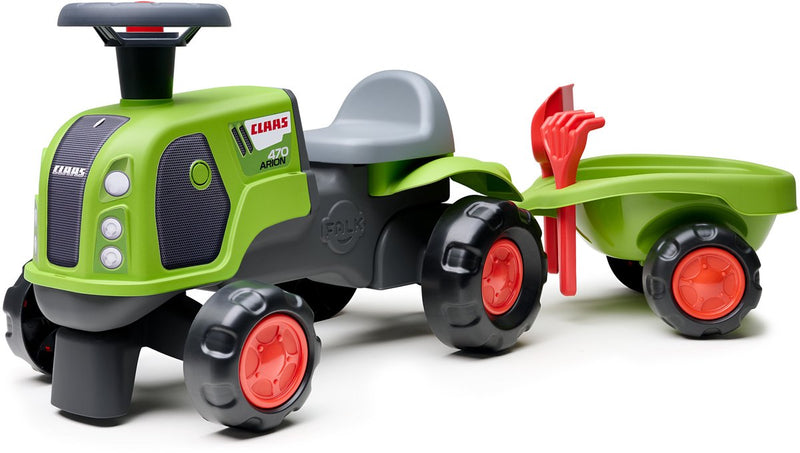 Falk Claas 470 Arion cavalcabile verde con rimorchio + set sabbia