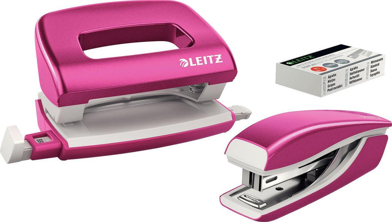 Set mini cucitrice e perforatrice Leitz Wow in metallo - inclusi punti metallici - rosa metallizzato - ideale per casa, ufficio e luogo di lavoro
