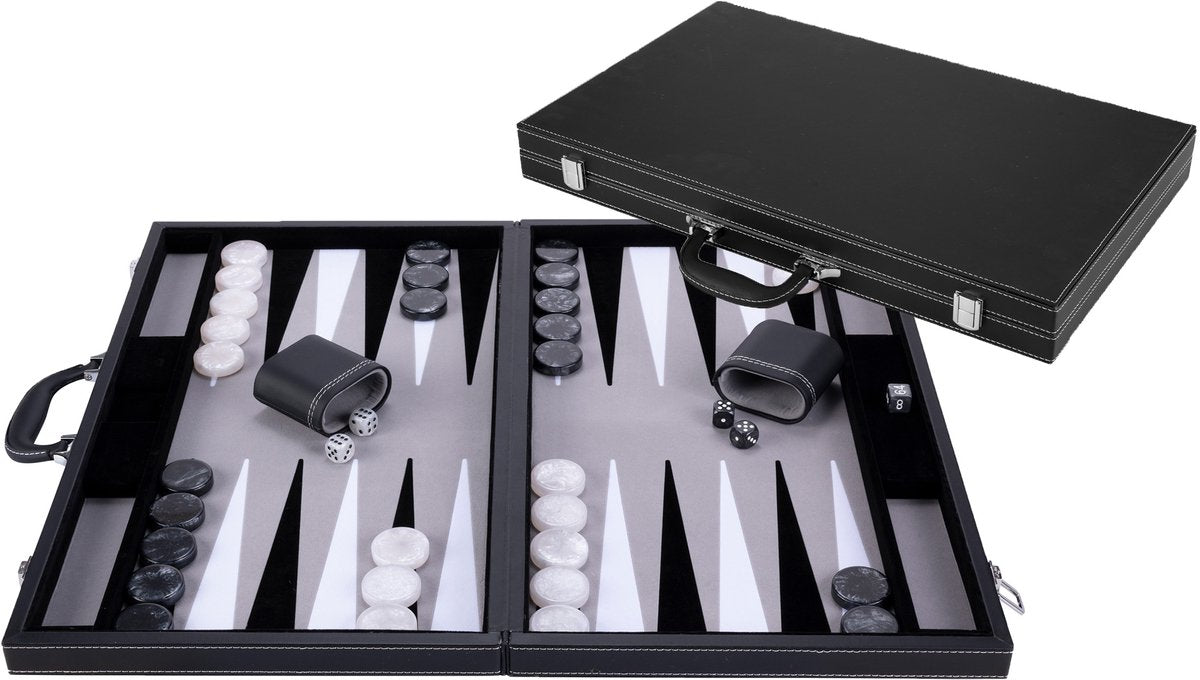 Engelhart backgammon 21 inch - grijs, zwart wit ingelegd bord - luxe zwarte koffer met handvat -