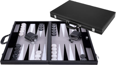 Backgammon Engelhart de 21 pulgadas - tablero con incrustaciones gris, blanco y negro - estuche negro de lujo con asa -