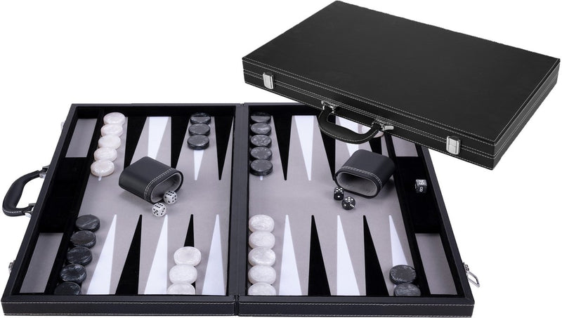 Backgammon Engelhart 21 pollici - tavola intarsiata grigia, nera e bianca - custodia nera di lusso con maniglia -