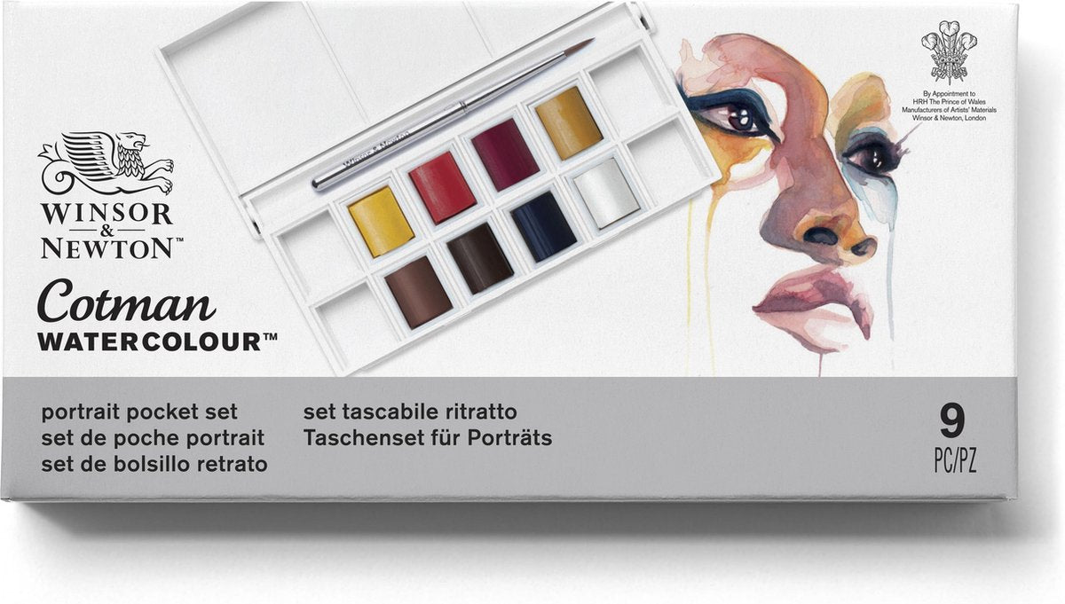 Winsor Newton 0390670 Set di colori ad acquerello Cotman – set tascabile per ritratti – 8 mezze vaschette di acquerello – tavolozza per acquerello compatta con pennello