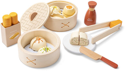 Set da gioco dim sum in legno Woet ® - Giochi di ruolo asiatici da 23 pezzi - inclusi gnocchi, bastoncini, salsa di soia e cestini per vapore - Giocattoli educativi da cucina FSC - cibo giocattolo per bambini - da 3 anni
