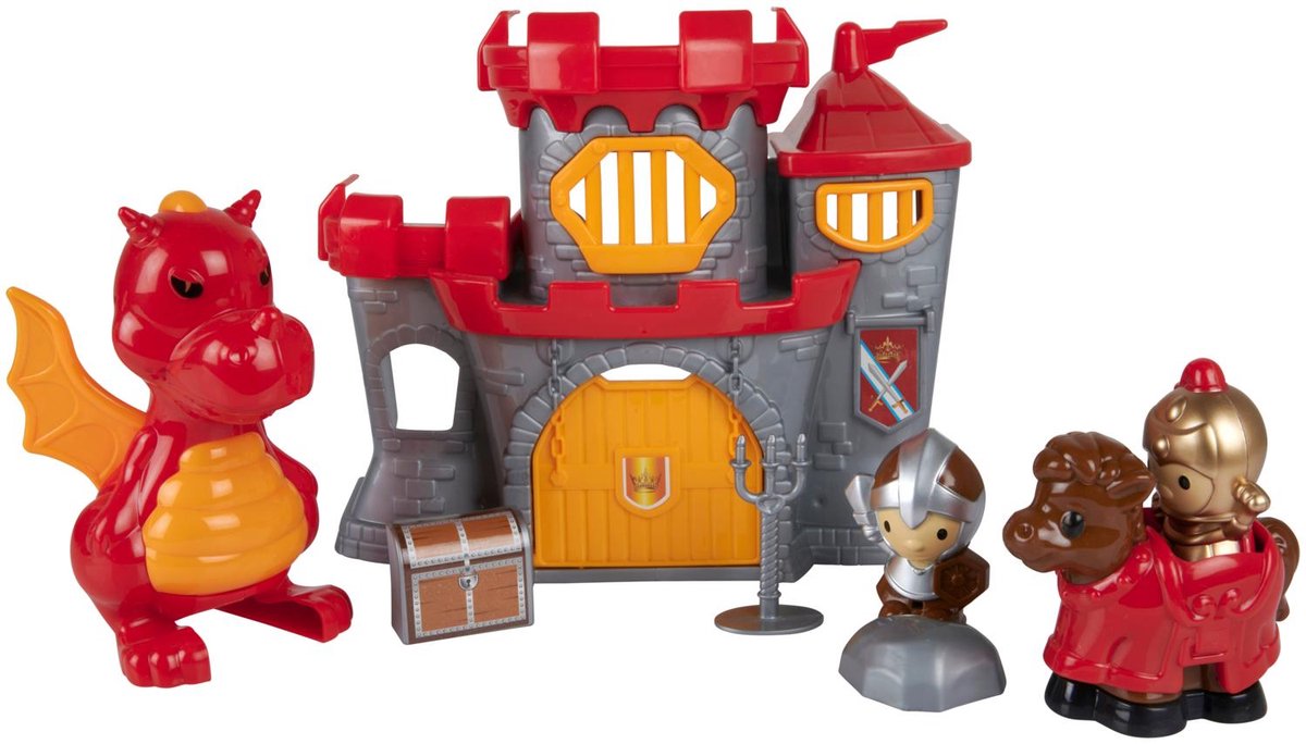 Set da gioco castello Eddy Toys 8 pezzi – castello giocattolo con drago e cavaliere – giocattoli medievali con cavallo e accessori – castello rosso grigio per bambini